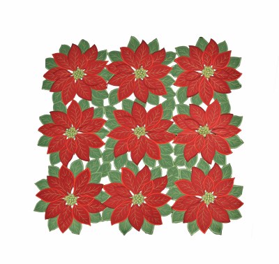34" Square Red Poinsettias With Green Leaves Table Topper