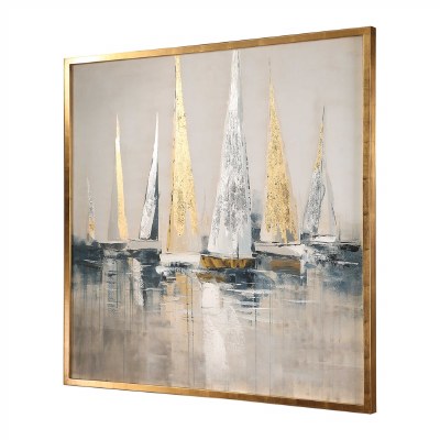 52" Square Gold, Silver and Blue Sailboats Canvas with Gold Frame