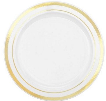 6" Pack of 20 White and Gold Plastic Plates