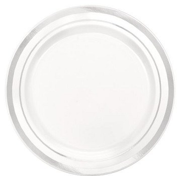 6" Pack of 20 White and Silver Plastic Plates