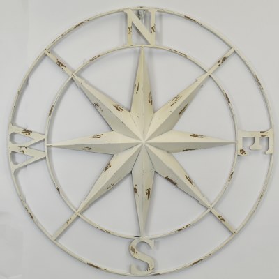 36" Round Distressed White Compass Rose Coastal Metal Wall Art Plaque