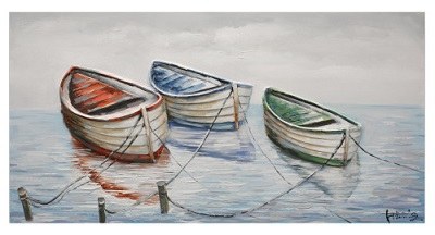 28" x 55" Red, Blue and Green Rowboats Canvas