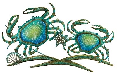 28" Blue and Green Metal and Glass Crabs Plaque
