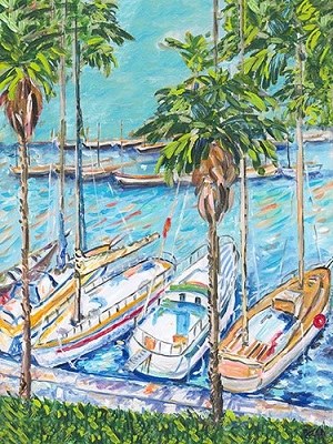 48" x 36" Dock Boats and Palms Canvas