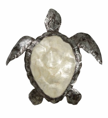 14" White Capiz and Distressed Silver Finish Turtle Plaque