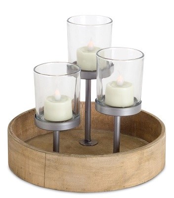8" Round Wood, Metal and Glass Votive Holder