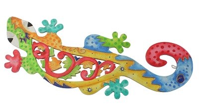 20" Yellow and Multicolor Openwork Wood Gecko Plaque