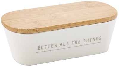 8" White Melamine Butter Dish With Bamboo Lid