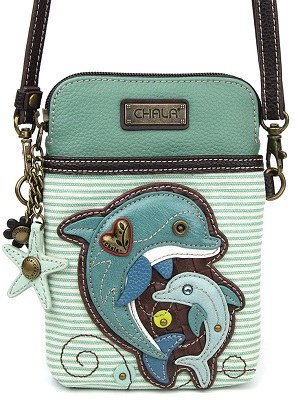 8" Teal Striped Dolphin Cell Phone Crossbody Purse