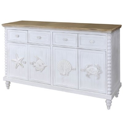 60" White Washed 4 Drawer 4 Door With Sea Life Credenza