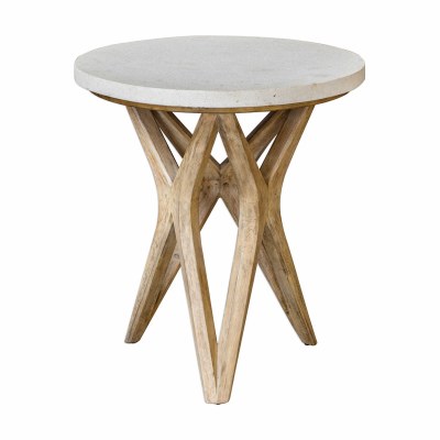 25" Round Limestone Top Table On Wood Base