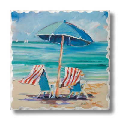 Set of 4, 4" Square Beach View Tumbled Tile Coasters
