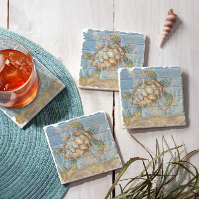 Set of 4, 4" Square Turtle Under the Sea Tumbled Tile Coasters