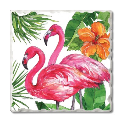 Set of 4, 4" Square Tropical Flamingo Tumbled Tile Coasters