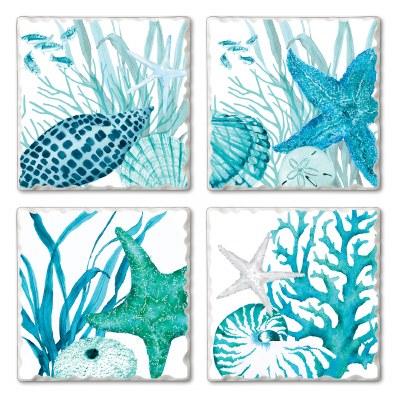 Set of 4, 4" Coral Life Tumbled Tile Assorted Coasters