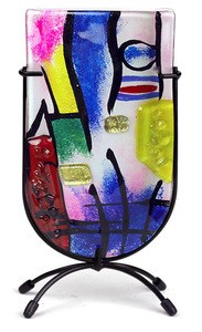 9" Primary Abstract Glass Vase On Black Stand