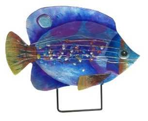 18" Blue Fish Glass Platter With Metal Stand