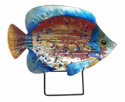 18" Multicolored Dotted Fish Glas Platter With Metal Stand