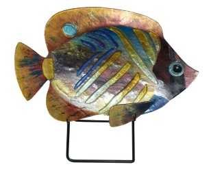 18" Blue and Gold Stripped Fish Glass Platter With Metal Stand