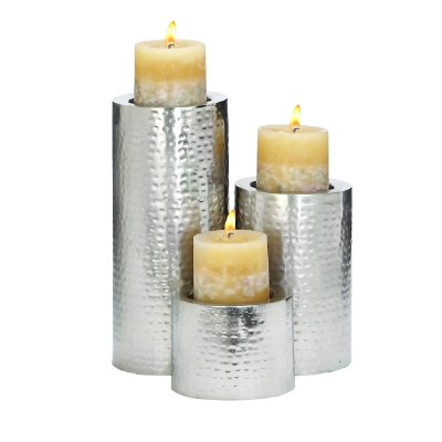 Set Of Three Silver Metal Pillar Candleholders