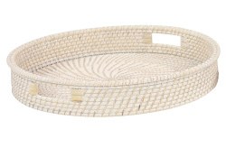 20" Round Natural and White Rattan Tray