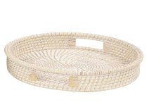 16" Round Natural and White Rattan Tray