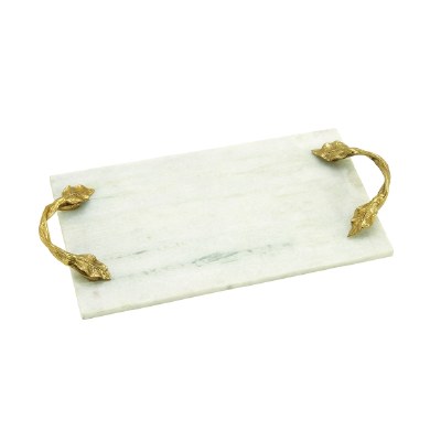20" White Marble Tray With Gold Leaf Handles