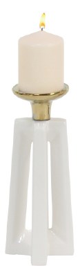 12" White and Gold Ceramic Pillar Candleholder