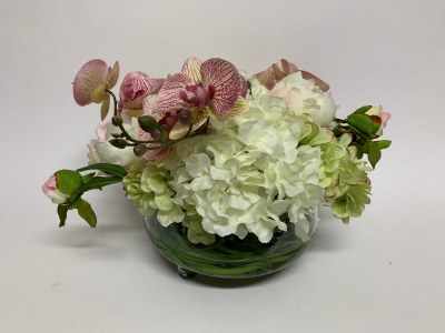 10" Faux Peony Hyrdrangea With Glass Bowl