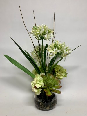 26" Faux Hydrangea and Agapanthus In Glass Vase