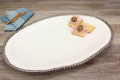 18" White Oval Ceramic Platter by Pampa Bay