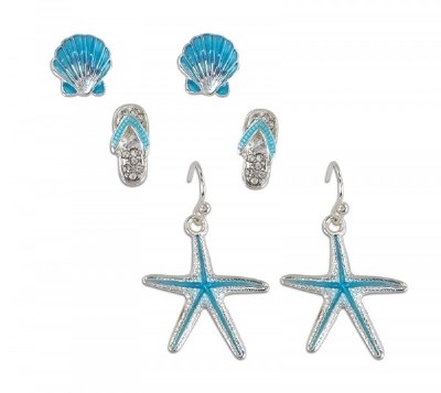 Set Of 3 Silver Aqua Shell Flip Flop and Starfish Earrings