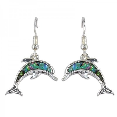 Silver Abalone Dolphin Drop Earrings