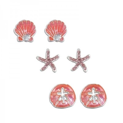 Set of 3 Silver Toned Pink Shell Post Earrings