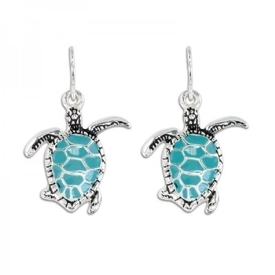 Silver and Aqua Turtle Drop Earrings