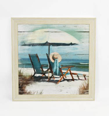 26" Square Two Chairs and Hat Beach Scene Framed Gel Coastal Print