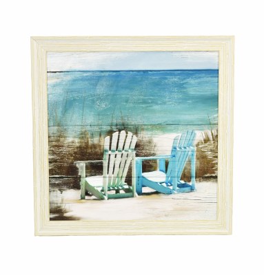 26" Square Blue and White Chairs Beach Scene Framed Gel Coastal Print