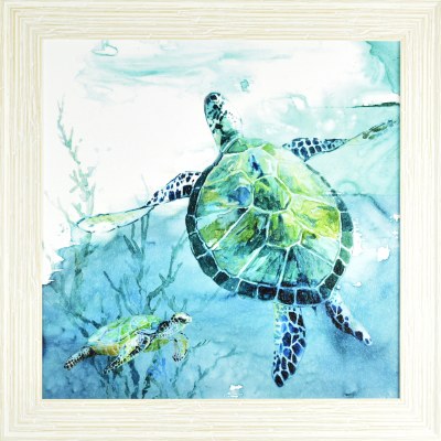 28" Square Turtle with Baby Turtle Gel Textured Coastal Print in Distressed White Frame