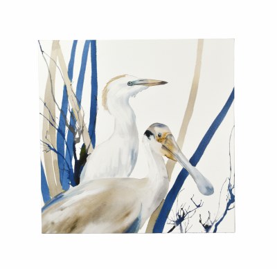 24" Square Blue and White Heron and Spoonbill Canvas