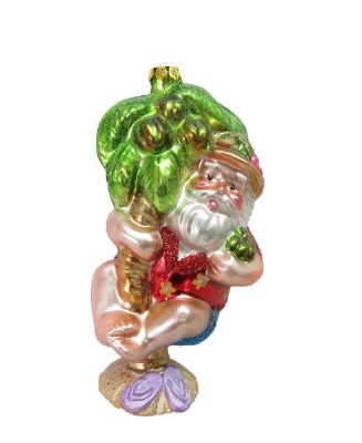 Santa With Palm Tree Glass Ornament