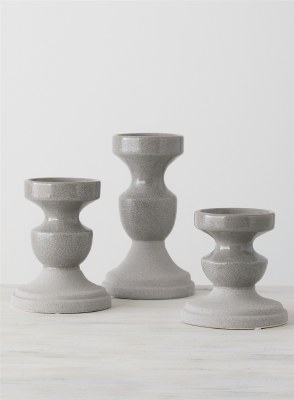 Set of 3 Gray Ceramic Pillar Candleholders