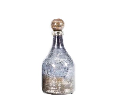 15" Silver With White, Black and Brown Accents Glass Bottle