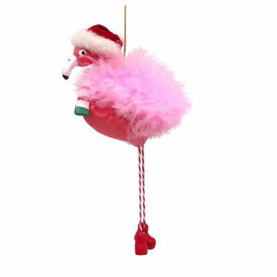 7" Feathered Flamingo With Red Hat Ornament