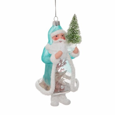 6" Blue Santa Shell Filled Glass Ornament