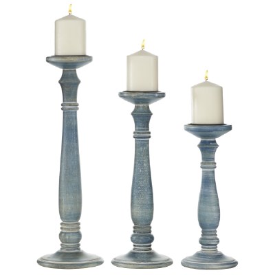 Set of 3 Distressed Blue Pillar Candleholders