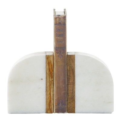 5" White Marble and Wood Bookends