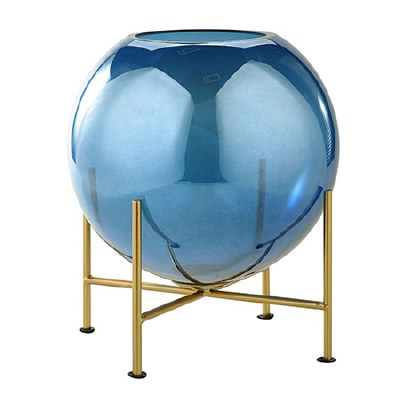 8" Blue Ball Glass Vase With Gold Stand