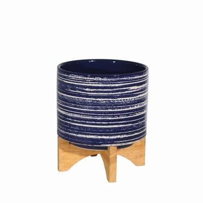 9" Round Dark Blue Pot With Wooden Stand