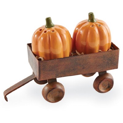 2" Pumpkin Salt and Pepper Shakers With Wagon by Mud Pie Fall and Thanksgiving