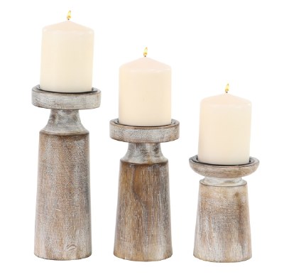 Set of 3 Whitewashed Pillar Candleholders